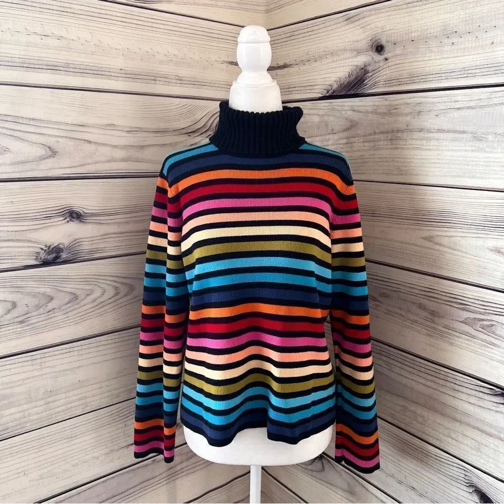 Liz Claiborne Navy Colorful Striped Ribbed Turtleneck Sweater